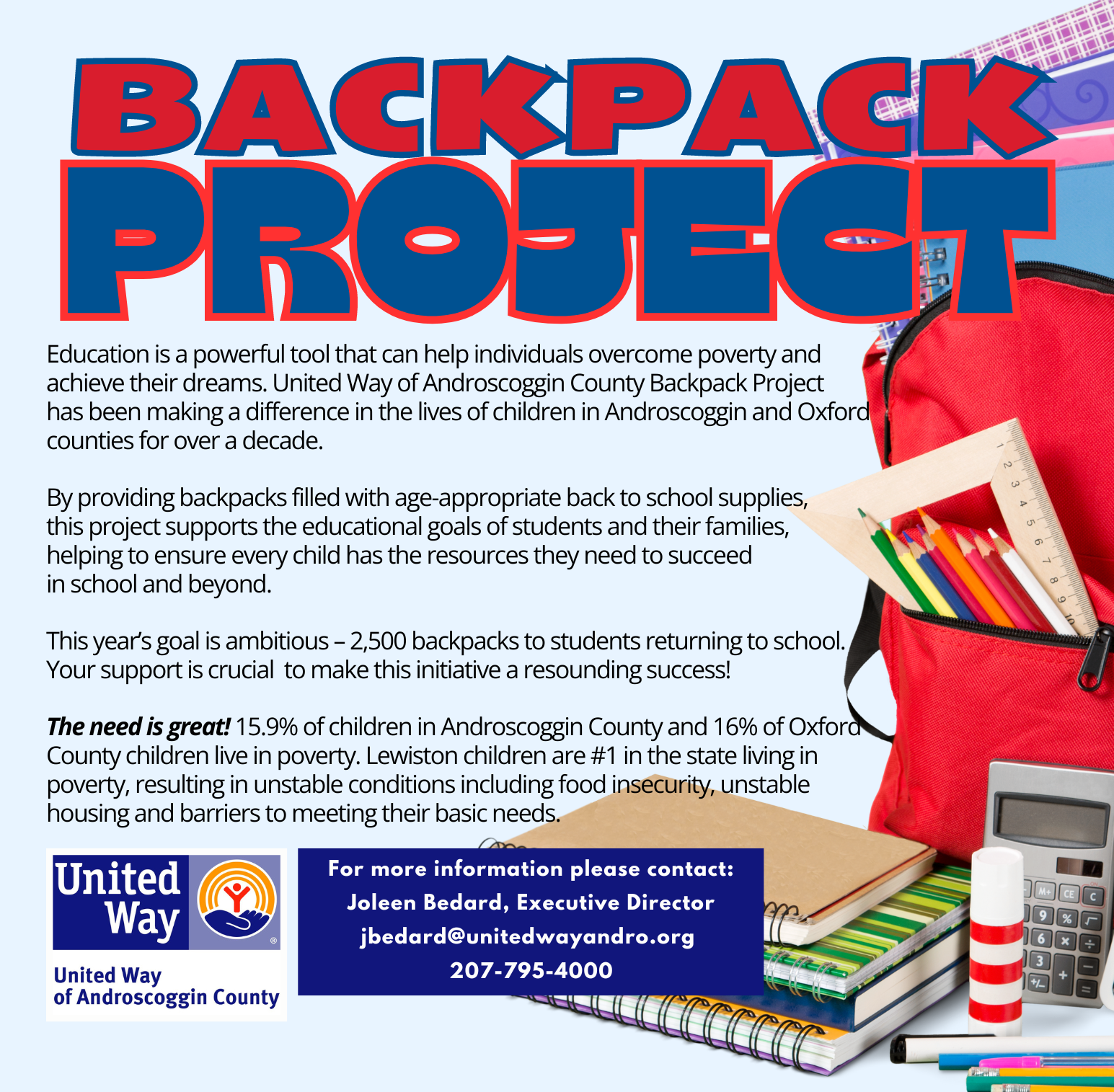 Backpack image with information about United Way of Androscoggin County Backpack program